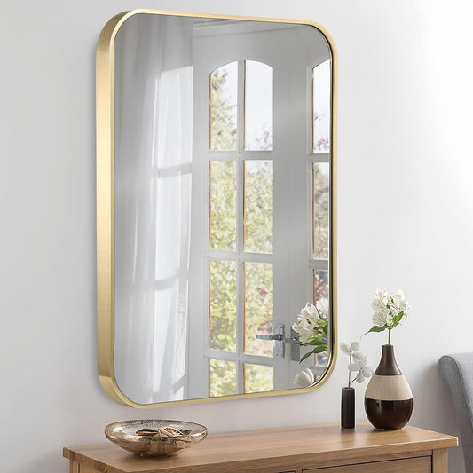 Brushed Brass Gold Metal Framed Rectangular Mirror with Rounded Corner