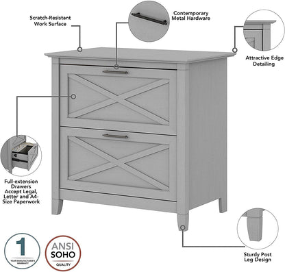 Key West Desk with File Cabinet, Bookcase, Gray