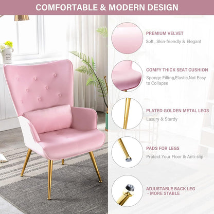 YOUTHUP Velvet Accent Chair Modern Tufted Buttoned Wingback Vanity Chair High Back Upholstered Arm Chair with Golden Metal Legs, Pillow, Comfy Leisure Side Chair for Living Room Bedroom, Pink