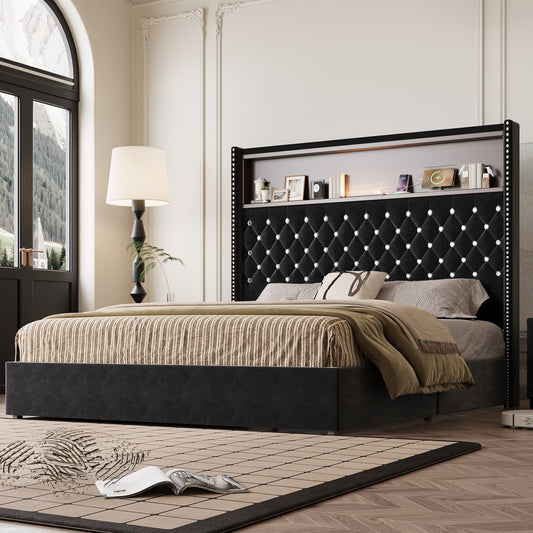 Queen Size Velvet Tufted Soft Bed Frame with USB Port and Night Light,52'' High Headboard with Rivet Decoration, Wing-back Platform Bed with Headboard Shelf, Black