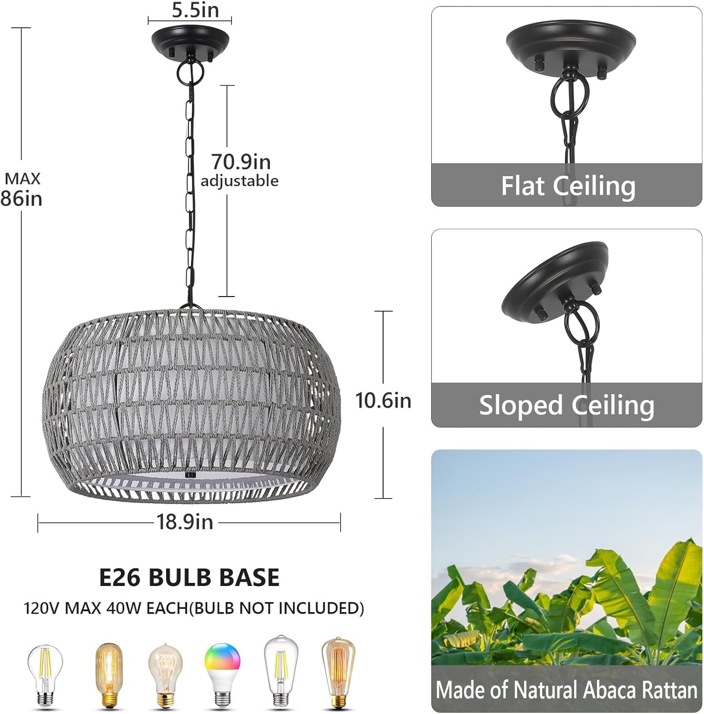 Farmhouse Chandelier Light Fixtures，5-Lights Rattan Dining Room Light