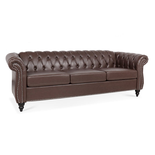 Dark Brown PU Rolled Arm Chesterfield Three Seater Sofa with Solid Wood Frame and Birch Legs