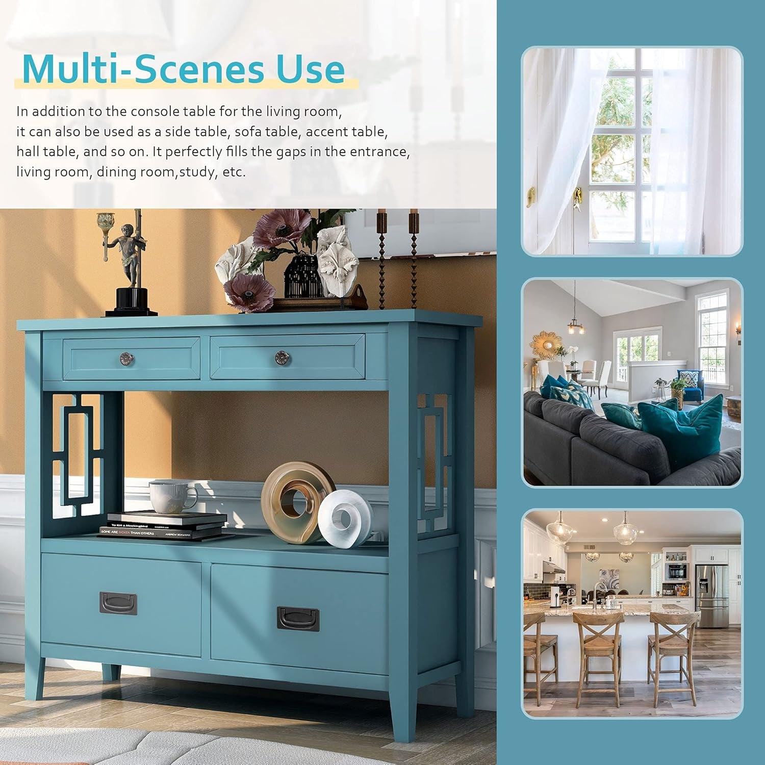 P PURLOVE 36" Wood Console Table with 4 Drawer,2 Tier Console Table with Bottom Shelf for Entryway Hallyway Sofa Table for Bedroom Living Room