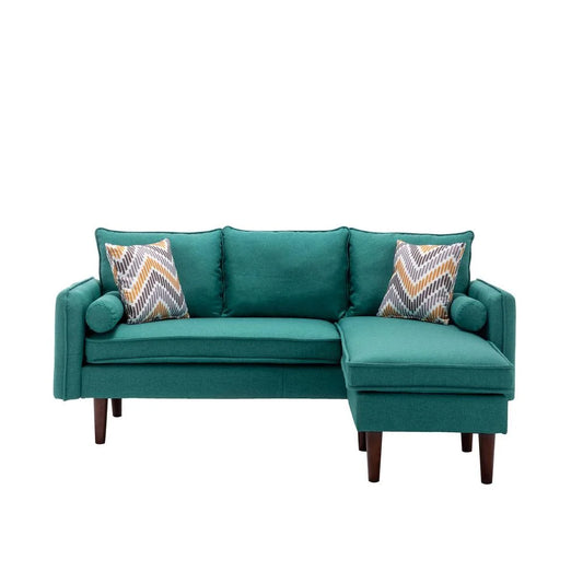Mia Linen Fabric Sectional Sofa Chaise with USB Charger & Pillows in Green
