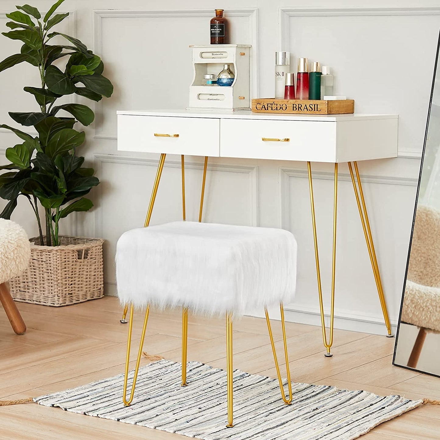 Fuzzy White Ottoman with Gold Legs