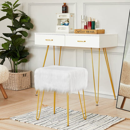 Fuzzy White Ottoman with Gold Legs