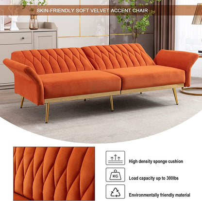 Orange Velvet Convertible Sofa Bed with Metal Legs