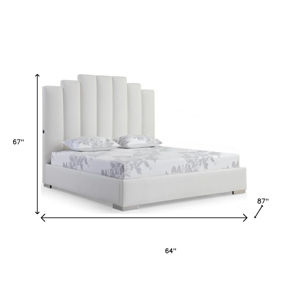 White Wood And Faux Leather Queen Bed Frame with USB