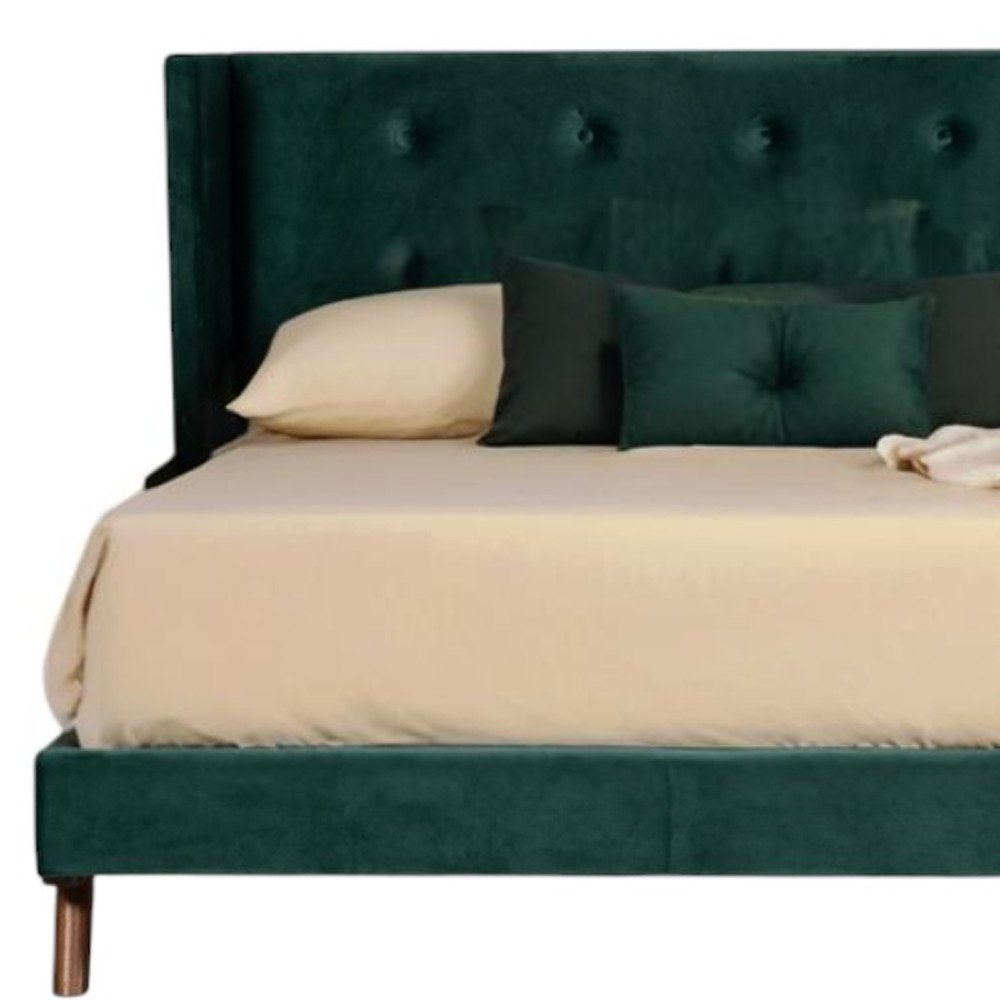 Green Wood And Tufted Velvet Queen Bed Frame