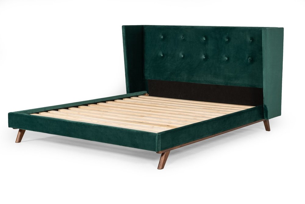 Green Wood And Tufted Velvet King Bed Frame