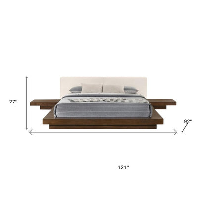 Walnut and White Wood And Faux Leather Queen Bed Frame With Attached Nightstands