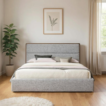 Brown and Gray Wood Upholstered Queen Bed Frame