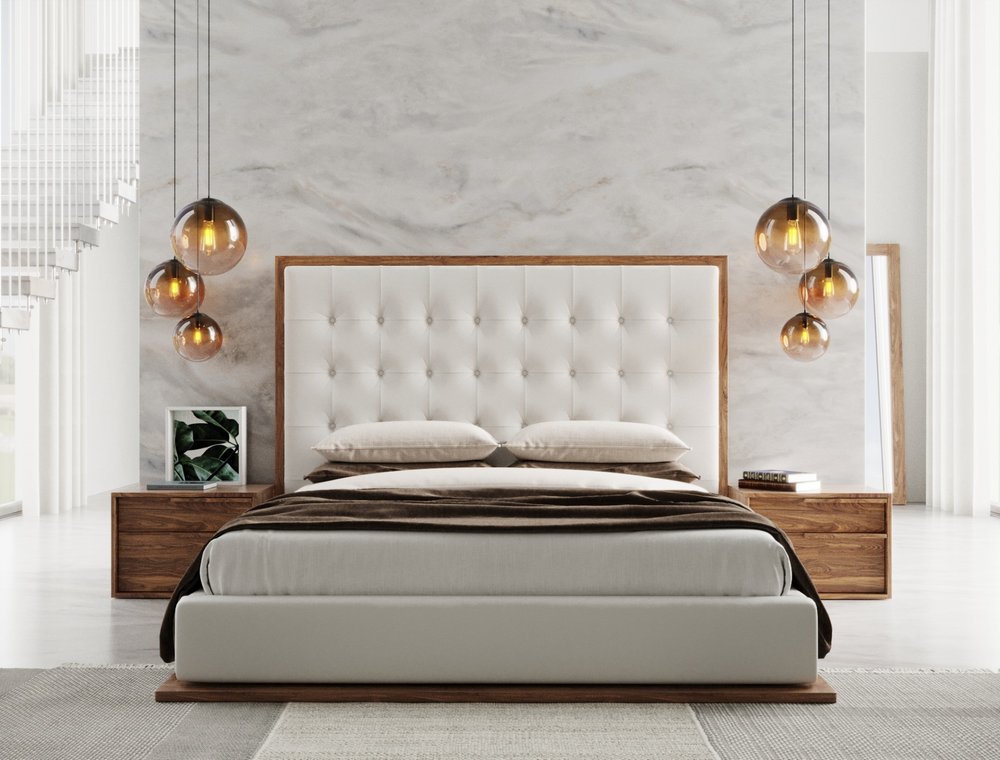 Brown and White Wood And Tufted Faux Leather Queen Bed Frame