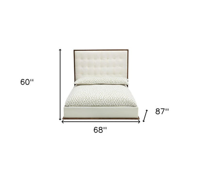Brown and White Wood And Tufted Faux Leather Queen Bed Frame