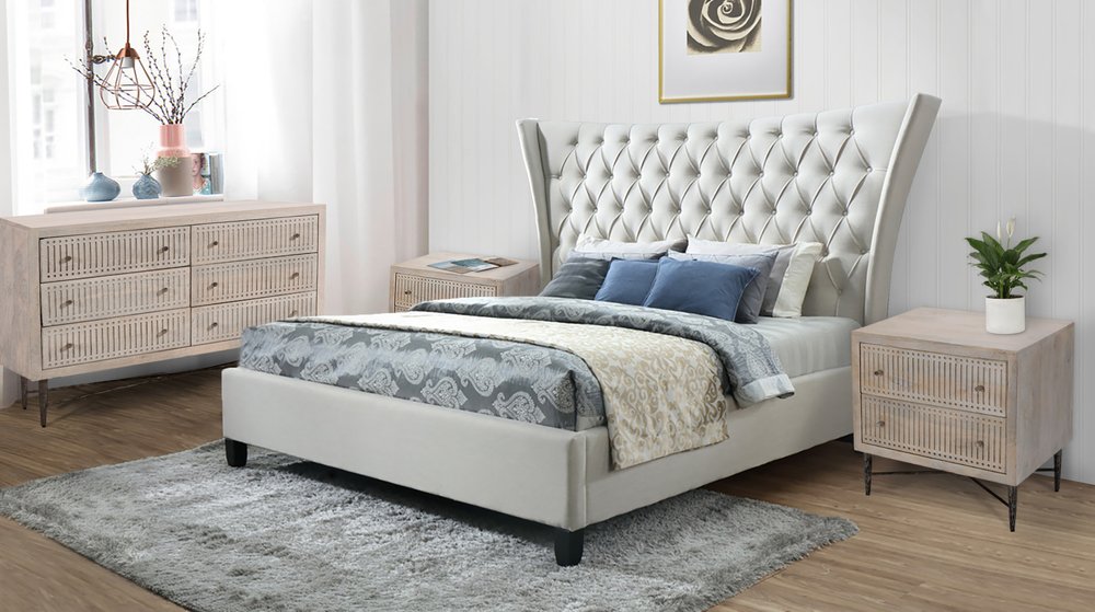 Beige King Diamond Button Tufted Upholstered Bed Frame