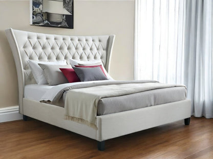 Beige King Diamond Button Tufted Upholstered Bed Frame
