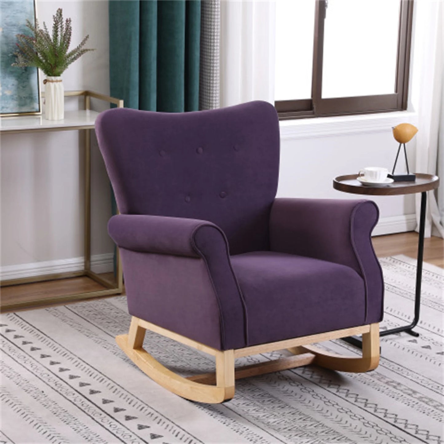 Living Room Rocking Chair, Modern Velvet Upholstered Accent Rocker Chair with Padded Seat and Wood Legs, High Back Glider Rocking Arm Chair for Nursery Baby Room Bedroom Playroom, Lavender Purple
