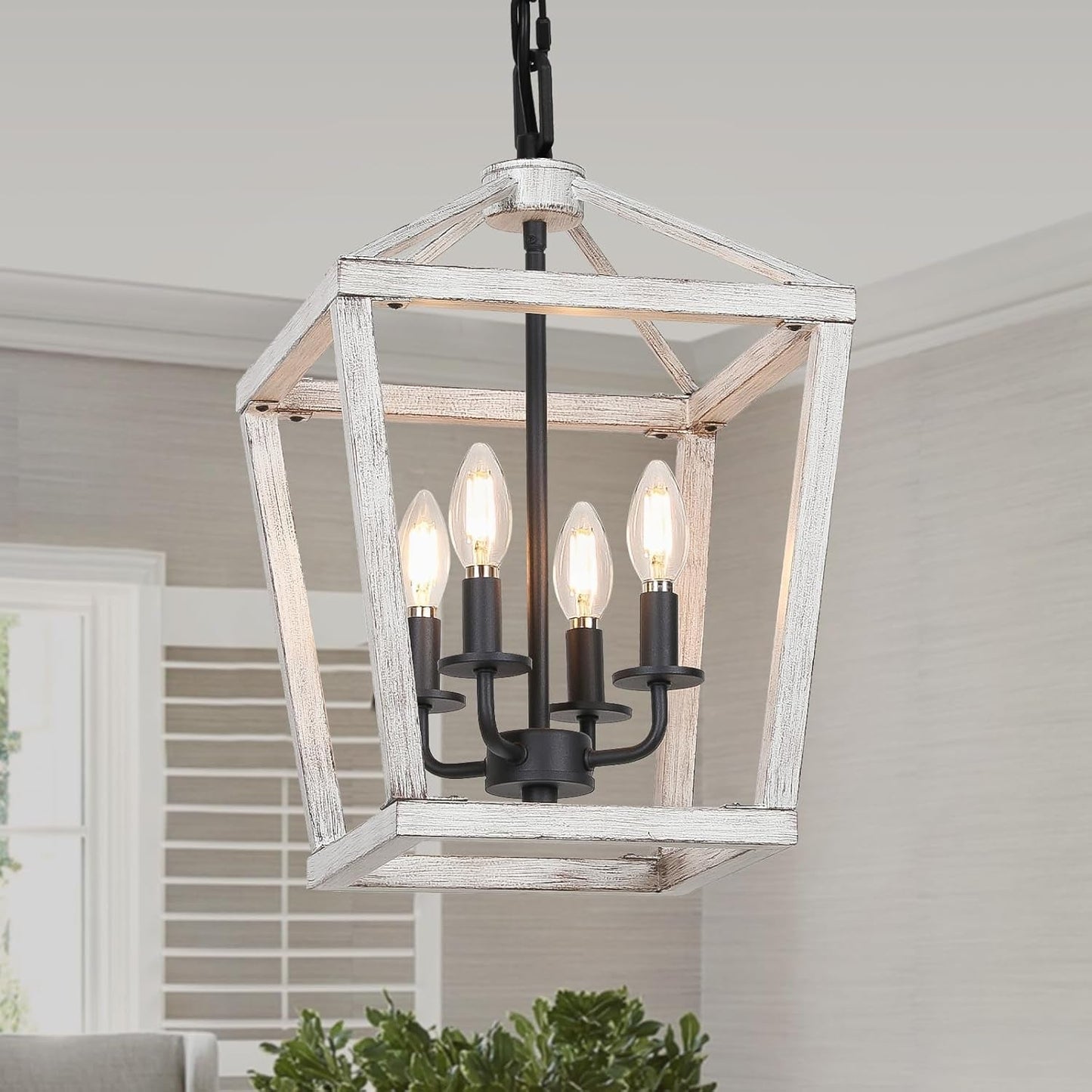 4 Light Rustic Chandelier, Farmhouse Lantern Fixture with Brushed