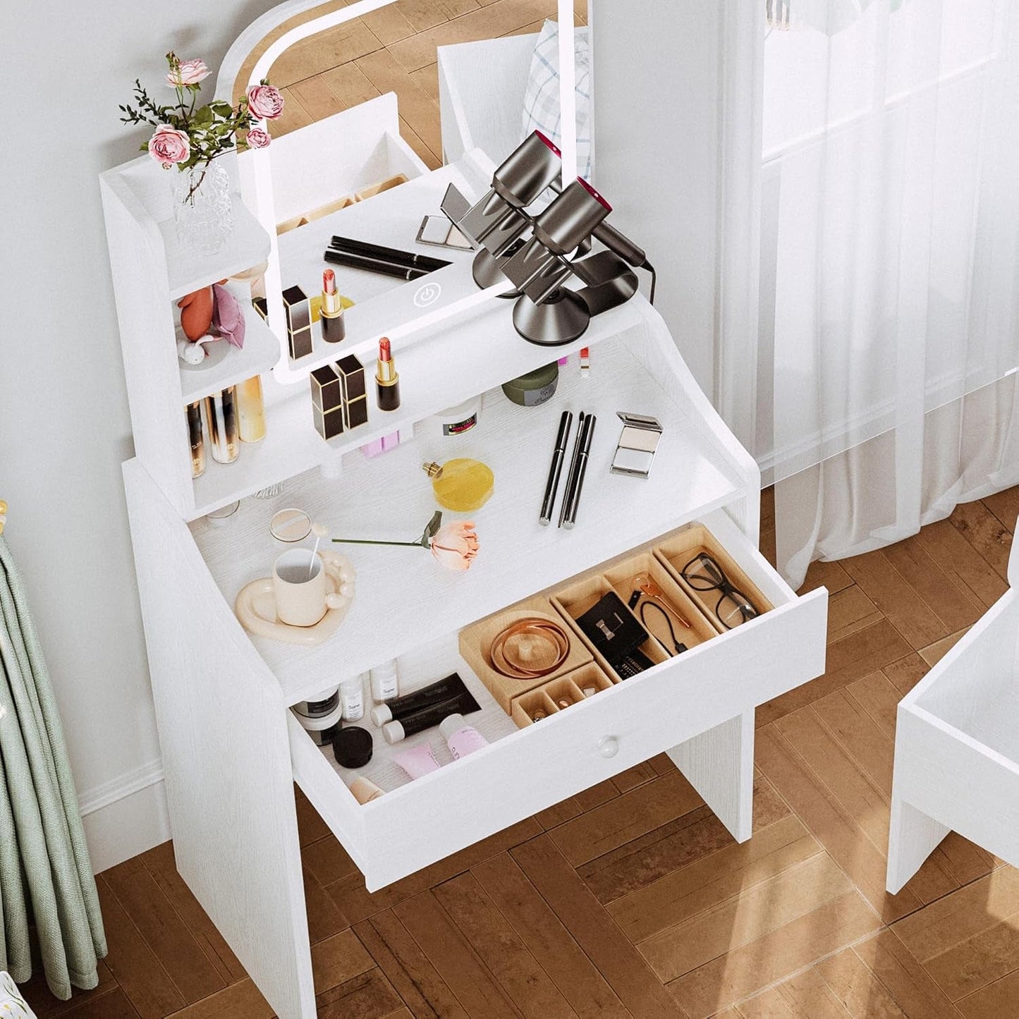 Small Makeup Vanity Desk with Mirror and Lights, Vanity Table Set with