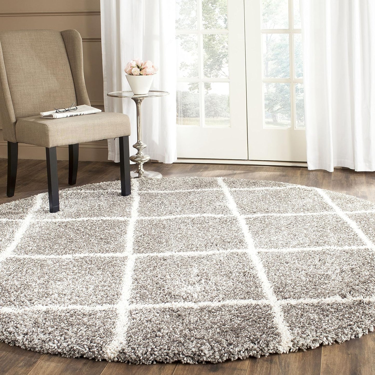 SAFAVIEH Hudson Shag Collection Area Rug - 7' Square, Beige & Ivory, Modern Trellis Design, Non-Shedding & Easy Care, 2-Inch Thick Ideal for High Traffic Areas in Living Room, Bedroom (SGH281S)