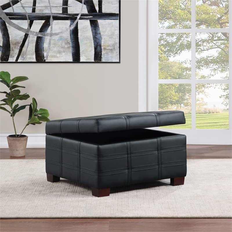 Black Faux Leather Storage Ottoman with Tray