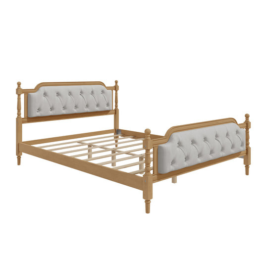 Traditional Style Solid Wood Bed Frame with Upholstered Tufted Headboard, No Box Spring Needed, Queen Size, Antique Walnut