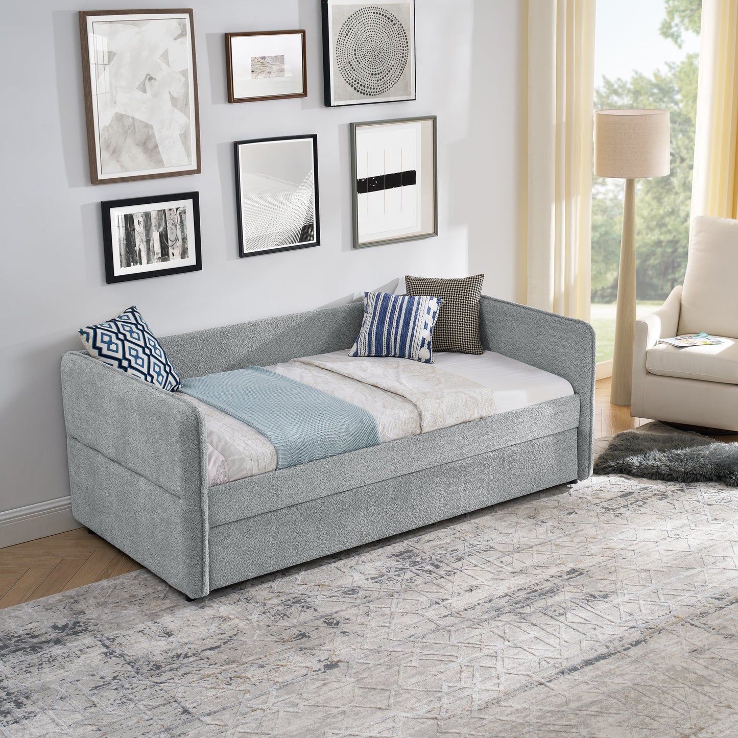 Upholstered Tufted Daybed Sofa Bed with Trundle and Convertible Design