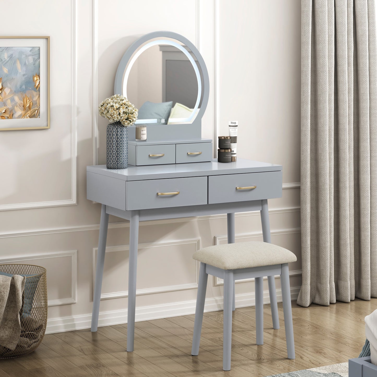 Beautiful Gray Finish Vanity Dresser with Mirror and Stool Set Storage Drawers Luxury Furniture 1pc LED Mirror