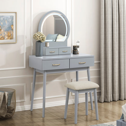 Beautiful Gray Finish Vanity Dresser with Mirror and Stool Set Storage Drawers Luxury Furniture 1pc LED Mirror