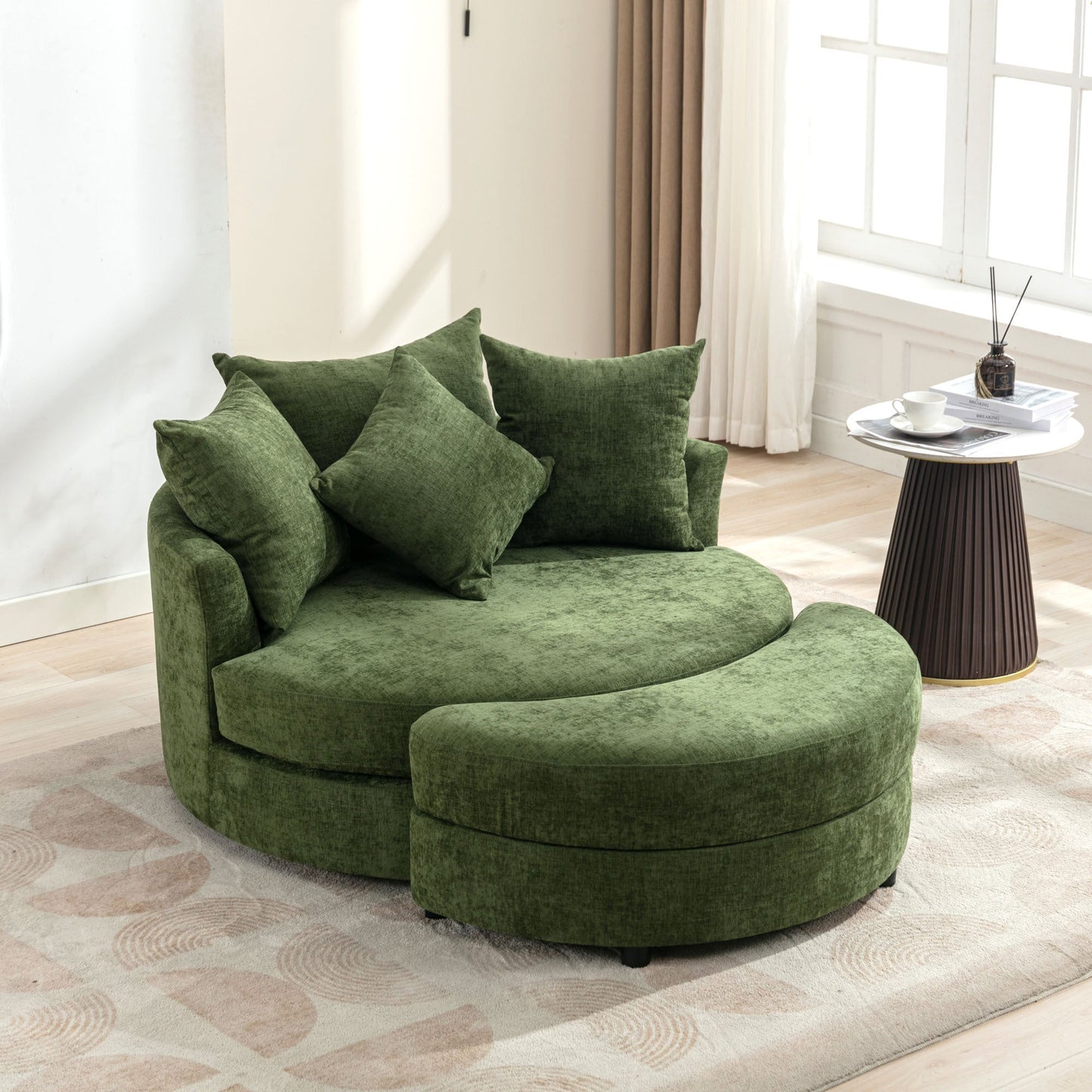 360° Swivel Accent Barrel Chair with Storage Ottoman & 4 Pillows,