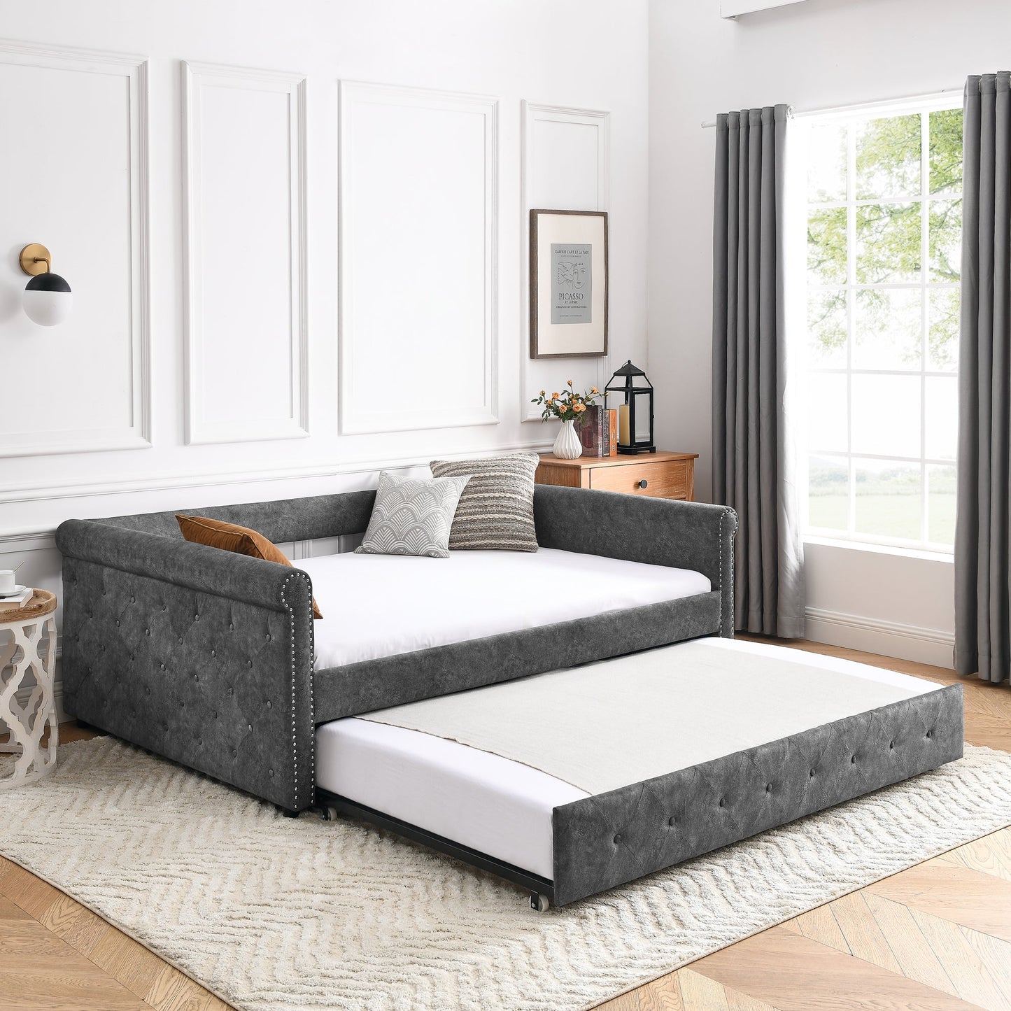 Upholstered Tufted Daybed Sofa Bed with Trundle and Convertible Design