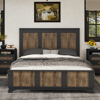 Farmhouse Wooden Platform Queen Size Bed, Modern Platform Bed with Wooden Strip Stickers Decoration, Plywood Slats Support, Black