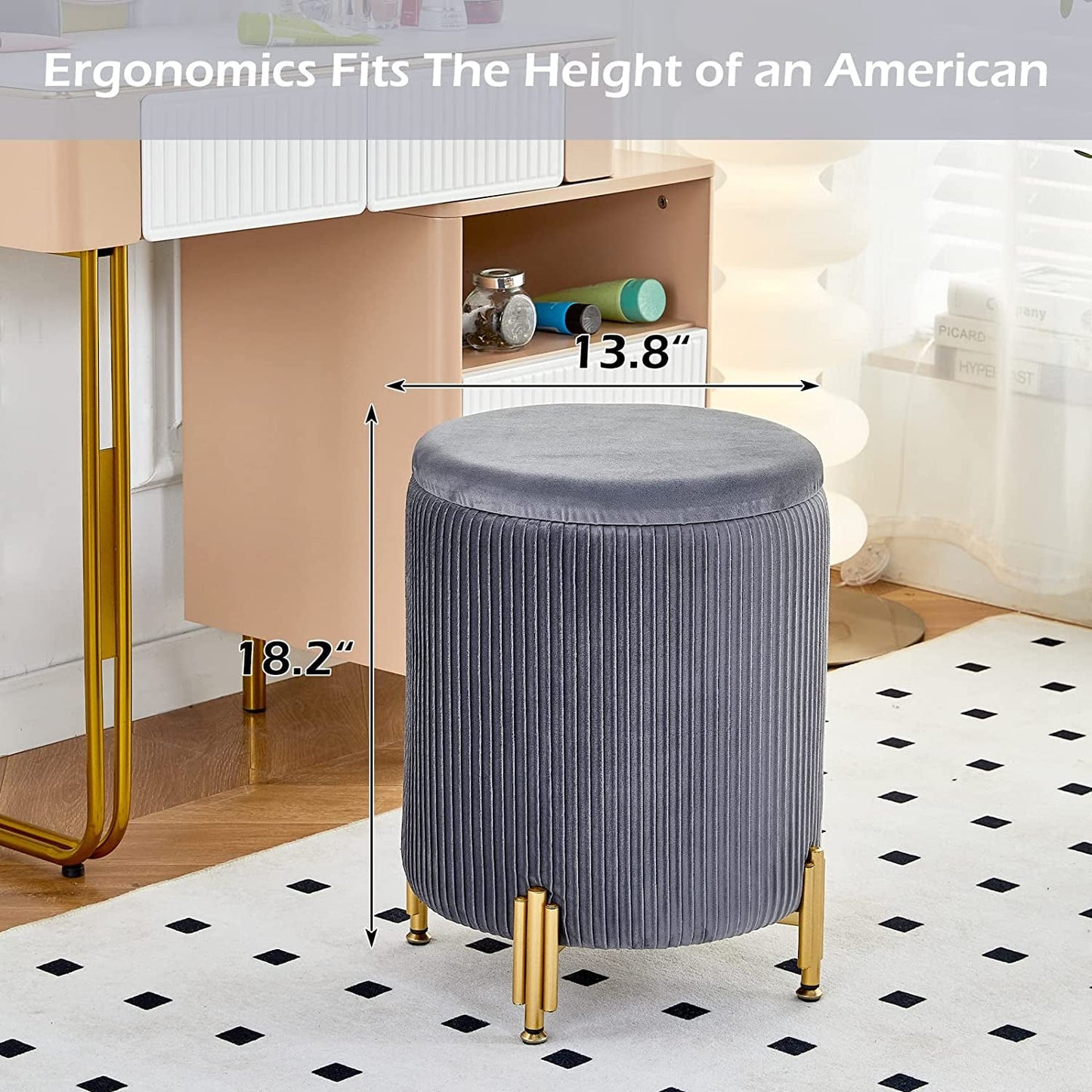 Grey Velvet Ottoman with 23Qt Storage and Support