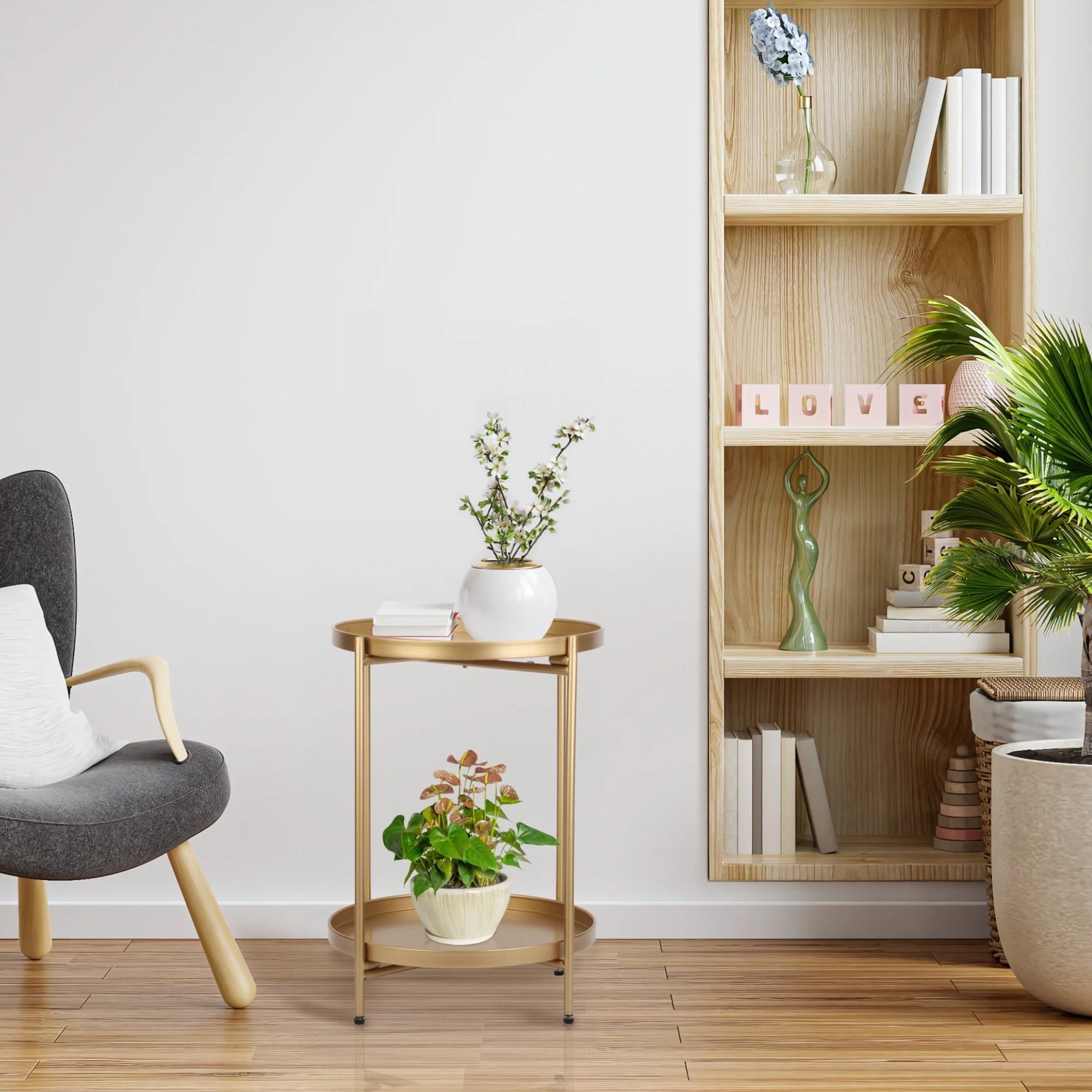 Metal End Table, 2 Tier Modern Gold Circle Side Table, 20.27"H Sofa Table Removable Tray, Coffee Table Indoor Outdoor