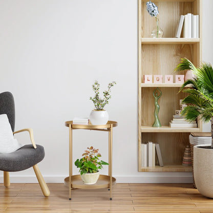 Metal End Table, 2 Tier Modern Gold Circle Side Table, 20.27"H Sofa Table Removable Tray, Coffee Table Indoor Outdoor