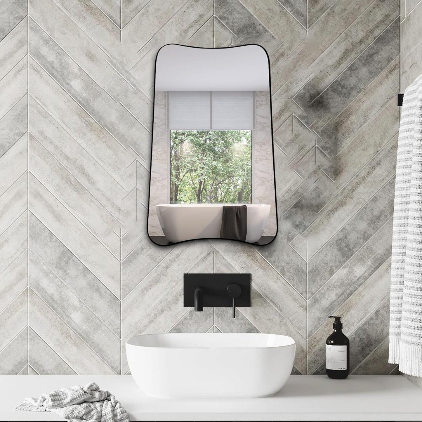 Elegant 36X24 Asymmetric Irregular Wall Mirror with Wooden Frame -