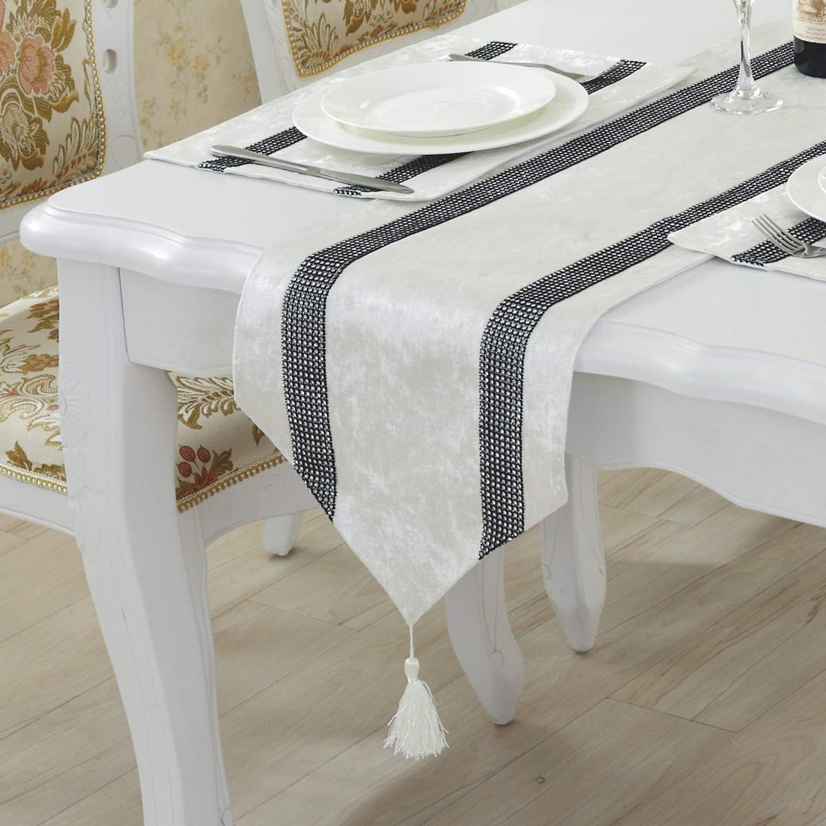 13X72-Inches European Style Rhinestone Table Runner with Tassel Decoration for Party and Wedding, Grey
