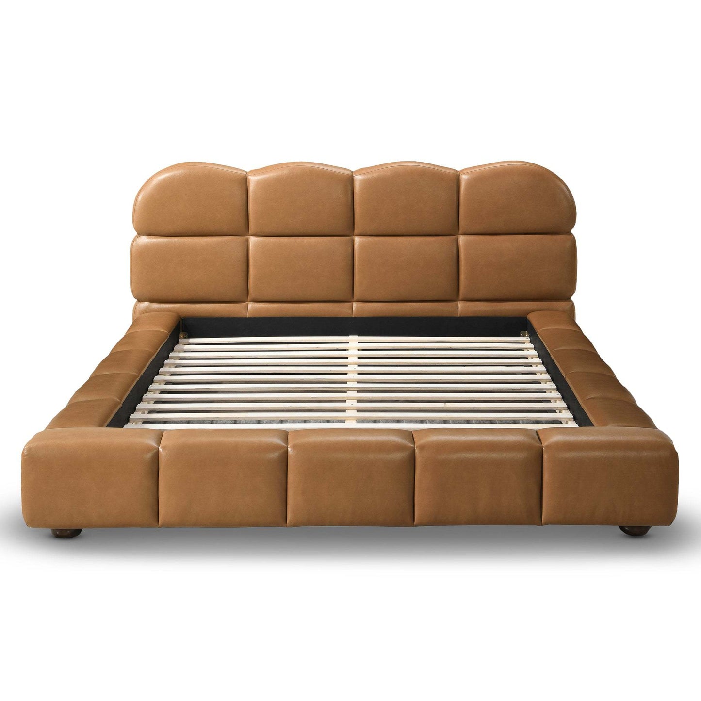 Roswell Luxurious Queen Size Platform Bed with Vegan Leather Upholstered Biscuit-Tufted Headboard in Tan