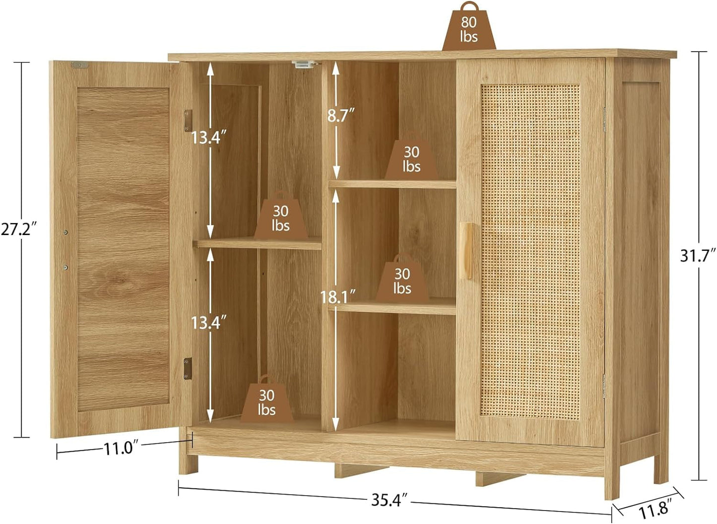 Storage Cabinet Rattan Credenza for Living Room and Coffee Bar, Multifunctional