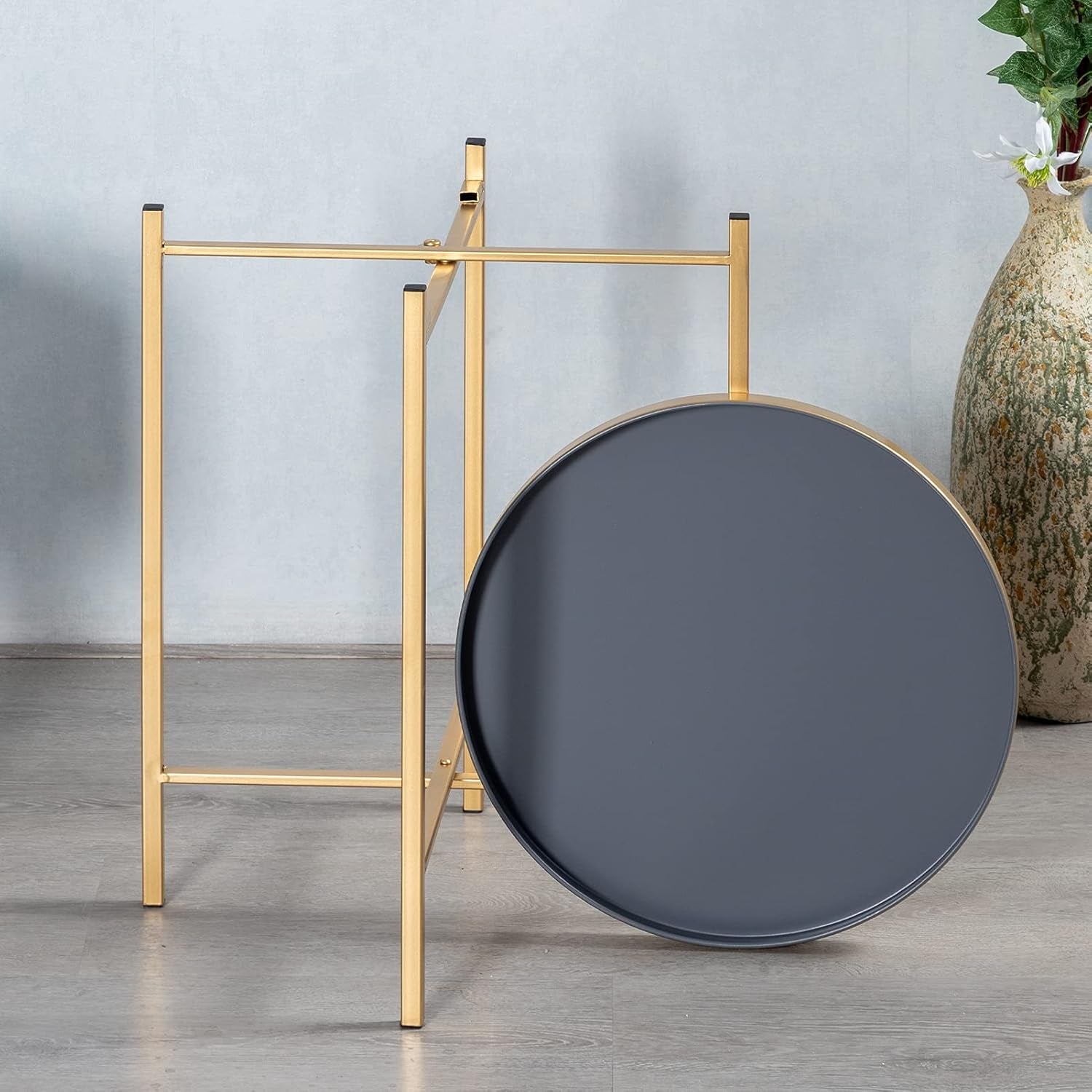 Hollyhome Small round Metal Tray End Table, (D) 14.96" X(H) 18.5", Accent Indoor&Outdoor Sofa Side Tea Table/Nightstand, Weather Resistant Coffee Table for Living Room, Balcony, Patio, Gold&Grey