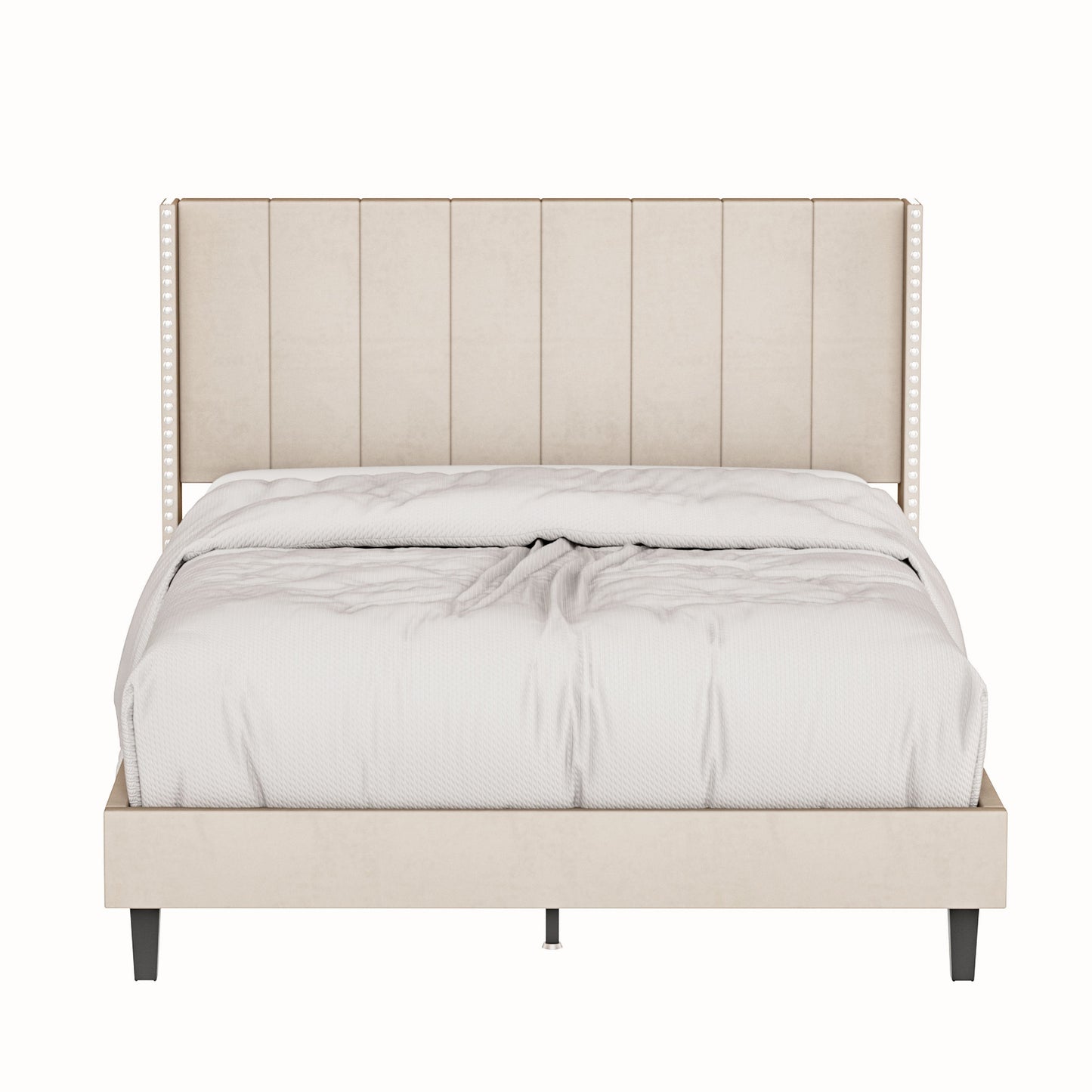 Queen Bed Frame/Velvet Upholstered Bed Frame with Vertical Channel