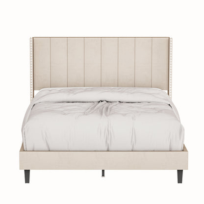 Queen Bed Frame/Velvet Upholstered Bed Frame with Vertical Channel