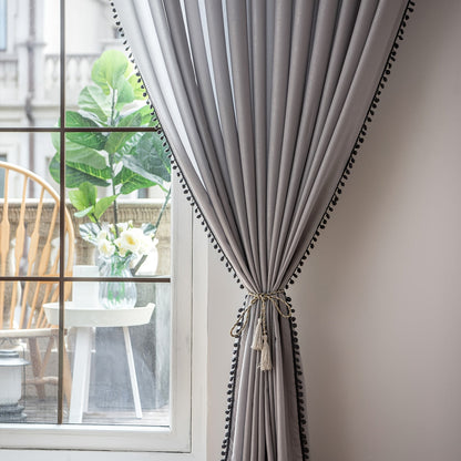 Grey Thermal Insulated Velvet Curtain with Ball Design