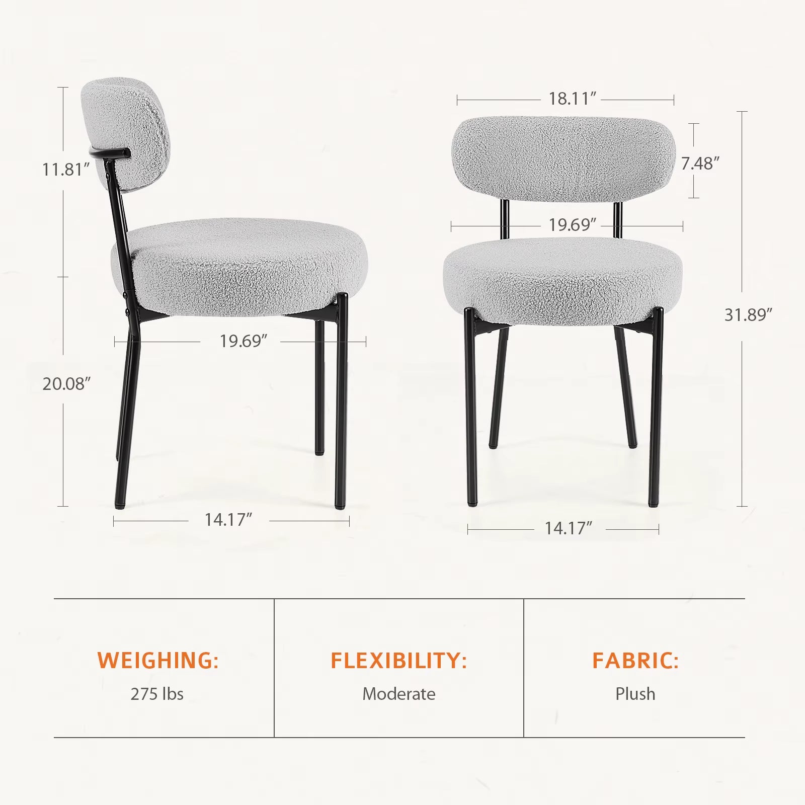 Ergonomic round Dining Chairs Set of 2 Plush Fabric Kitchen Chairs with Curved Backrest Metal Legs for Living Room