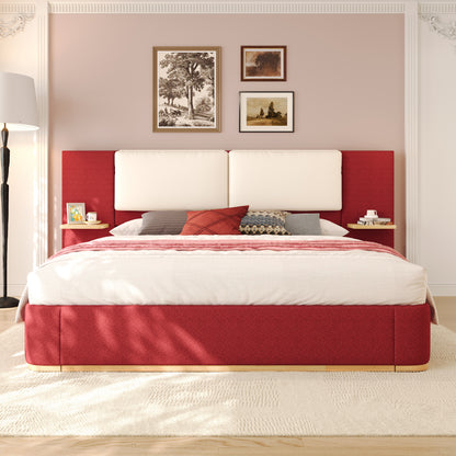King Size Upholstered Platform Bed with Panel, Platform Bed Frame with Anti-Collision Soft Rounded Corners, Stable and Solid, No Box Spring Needed, Easy Assembly, Red
