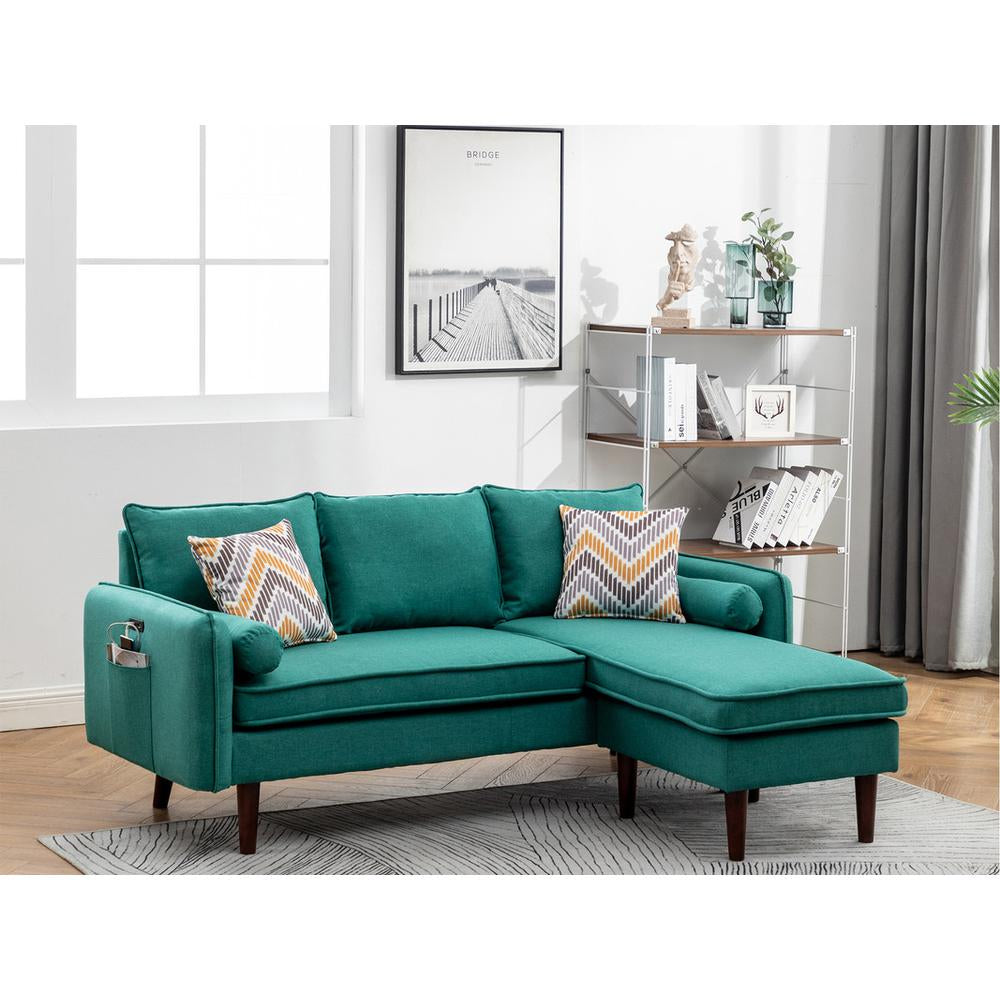 Mia Linen Fabric Sectional Sofa Chaise with USB Charger & Pillows in Green