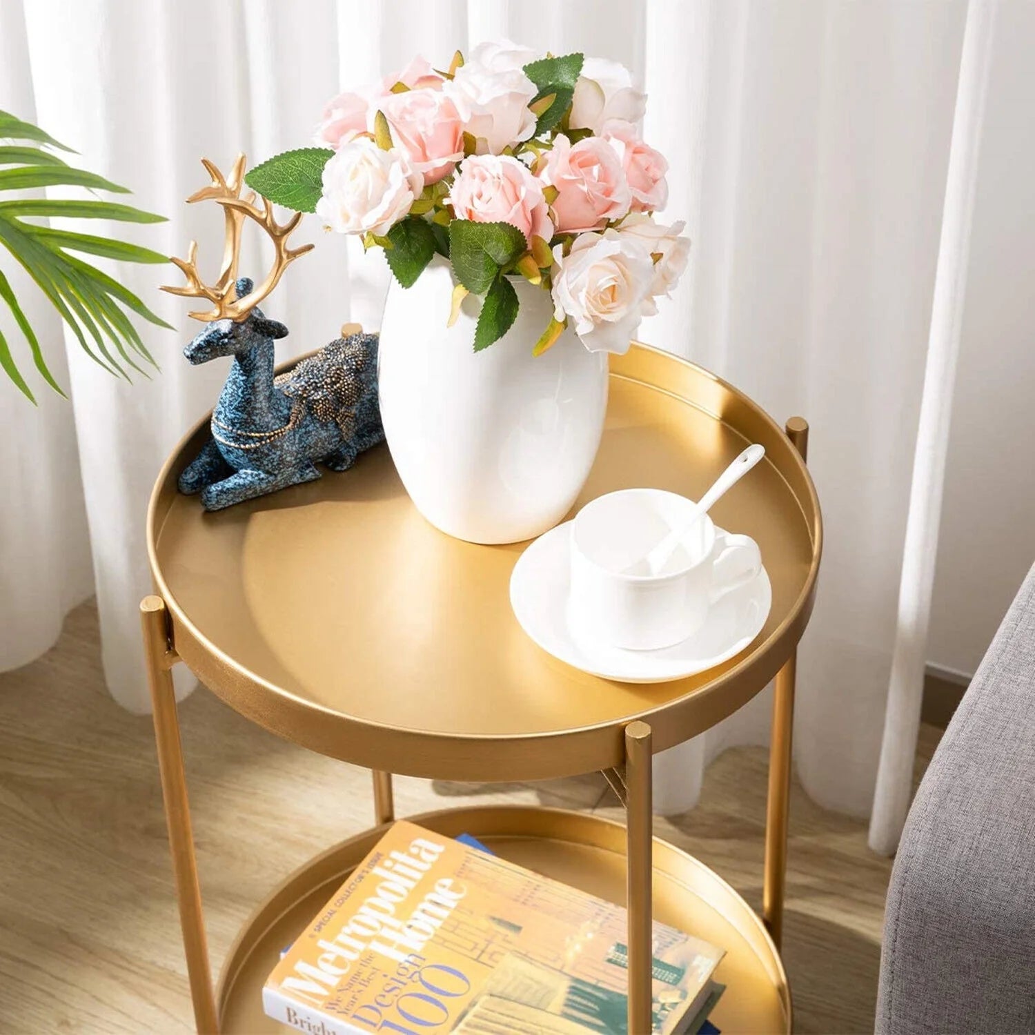 Metal End Table, 2 Tier Modern Gold Circle Side Table, 20.27"H Sofa Table Removable Tray, Coffee Table Indoor Outdoor