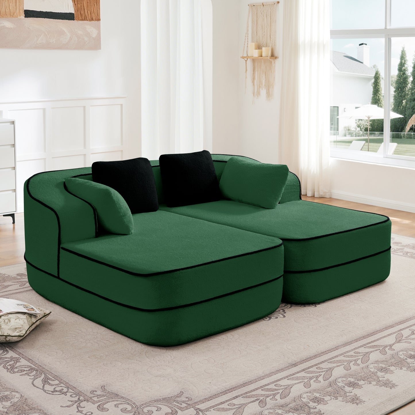 77.2' Teddy Fabric No Assembly  32D High Density sponge Boneless Sofa,Fluffy Comfy Couch with double Chaises,Sleeper sofa,Contrast color design,Symmetrical aesthetics,for Living Room,Green