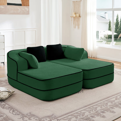 77.2' Teddy Fabric No Assembly  32D High Density sponge Boneless Sofa,Fluffy Comfy Couch with double Chaises,Sleeper sofa,Contrast color design,Symmetrical aesthetics,for Living Room,Green