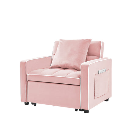 Modern Velvet Three-in-One Sofa Bed Chair with Adjustable Backrest in Pink